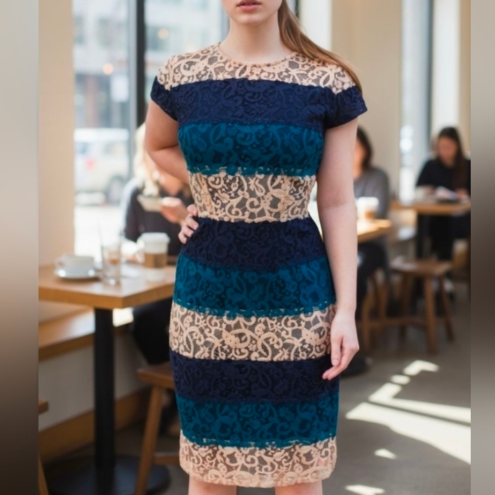 Ann Taylor Lace Striped Midi Dress in Navy, Teal, and Cream